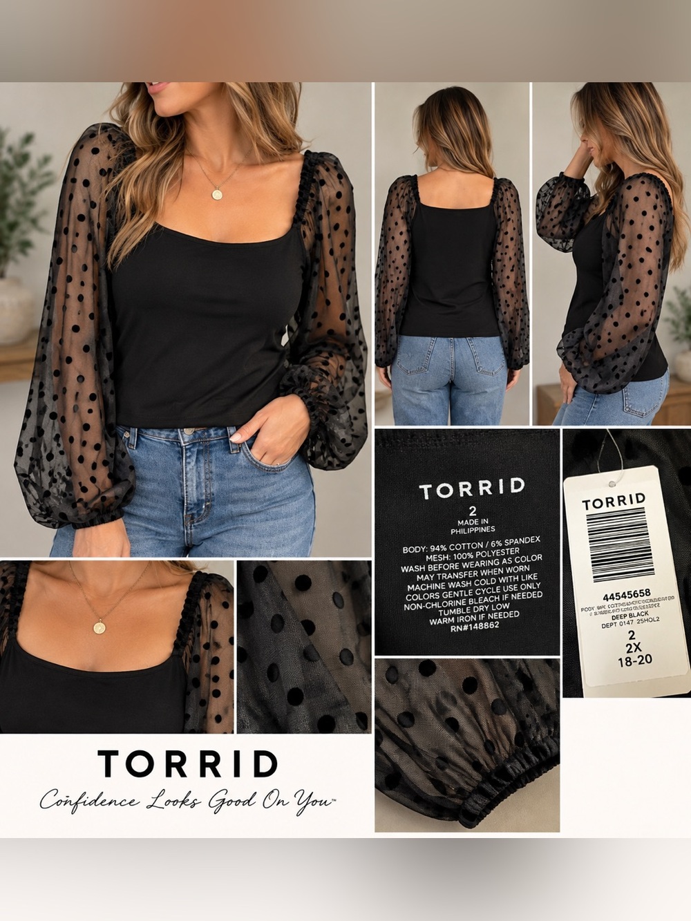 torrid Black Scoop Neck Top with Polka Dot Mesh Sleeves